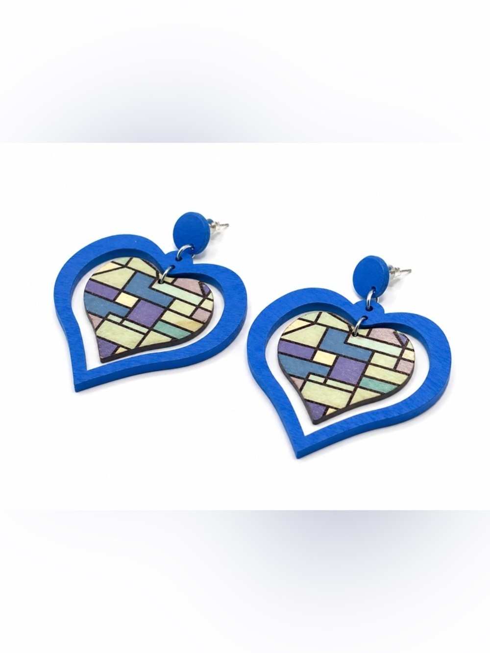 Blue Heart Drop Earrings Wooden Statement Lightweight